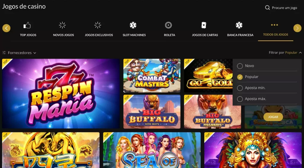 jogos de casino, blackjack, respin mania, go gold, big buffalo, combat masters, slots, roleta, poker